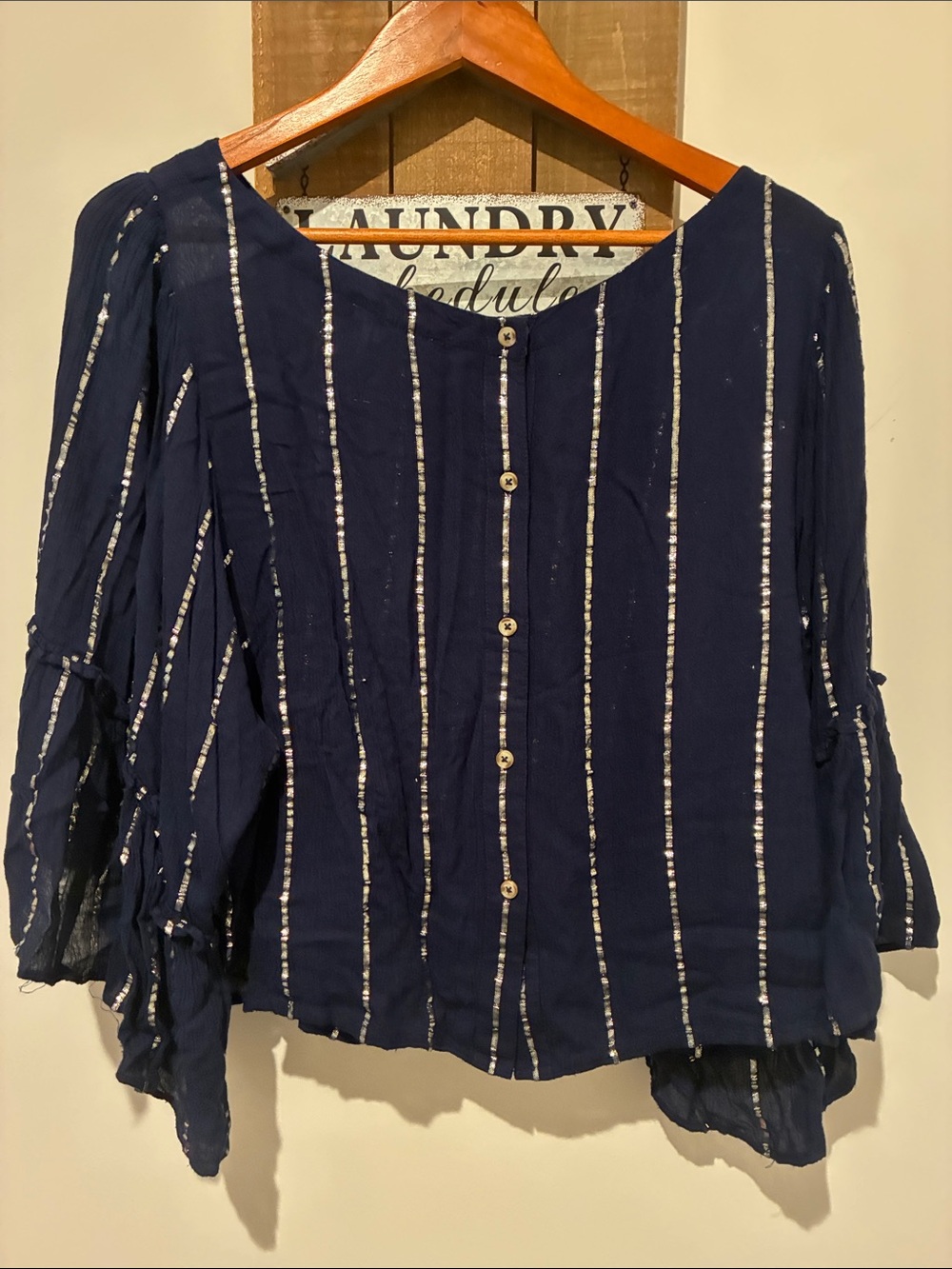 Floreat Navy Blouse with Silver Metallic Stripes